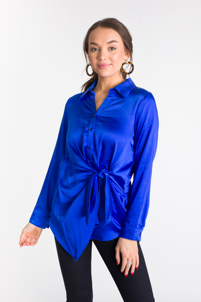 Tied Up Satin Blouse, Cobalt