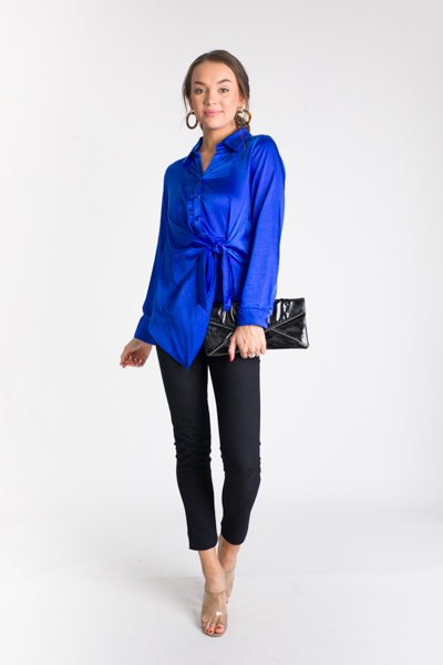 Tied Up Satin Blouse, Cobalt