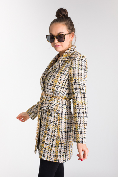 Chain Belt Tweed Coat, Beige