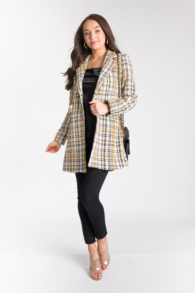 Chain Belt Tweed Coat, Beige