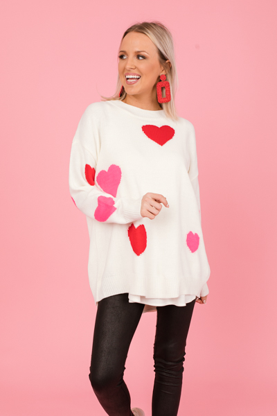 2 Tone Hearts Sweater, Red/Fuchsia