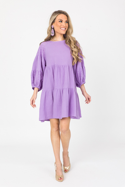 Eyelet Sleeve Gauze Dress, Lavender