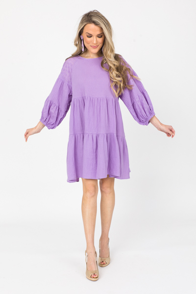 Eyelet Sleeve Gauze Dress, Lavender