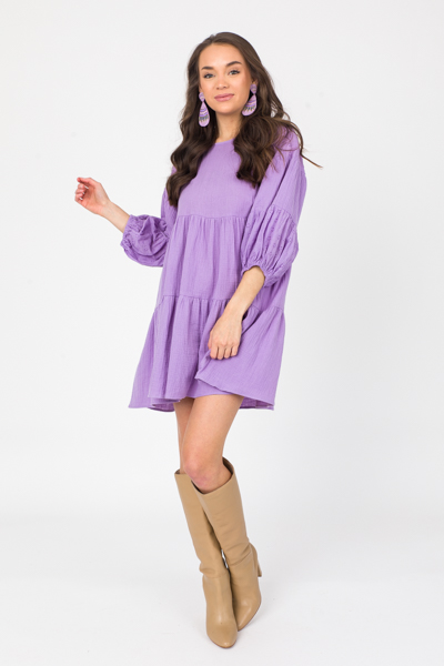 Eyelet Sleeve Gauze Dress, Lavender