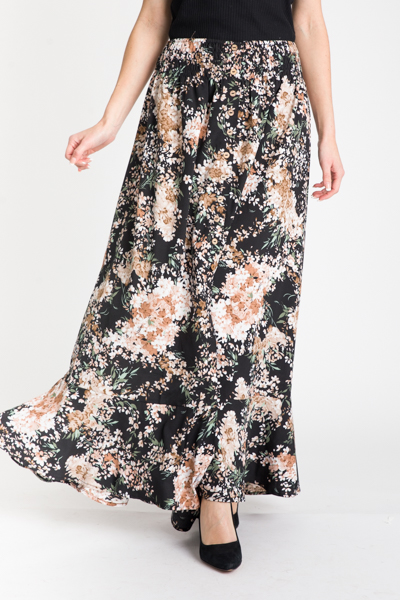 Floral Button Maxi Skirt, Black