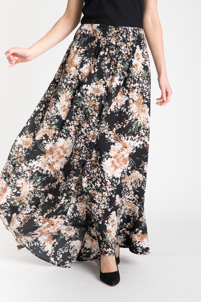 Floral Button Maxi Skirt, Black