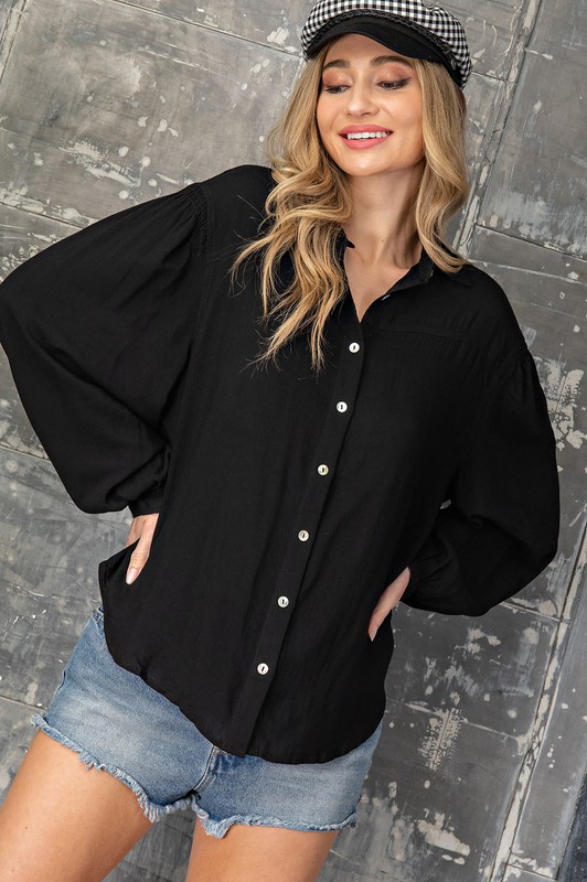 Balloon Button Up Top, Black