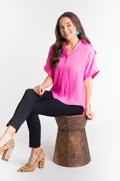 Collared V-Neck Blouse, Candy Pink