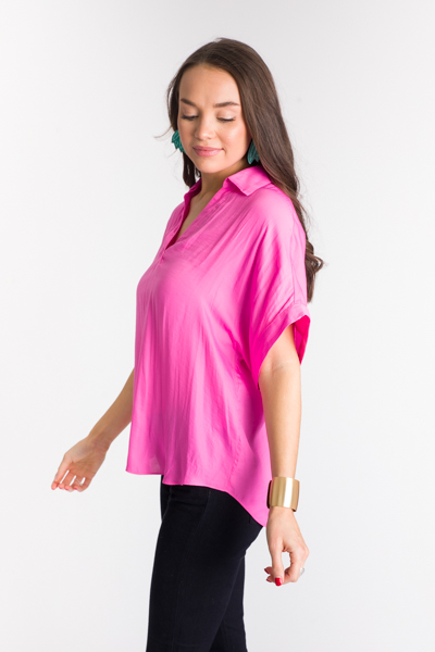 Collared V-Neck Blouse, Candy Pink