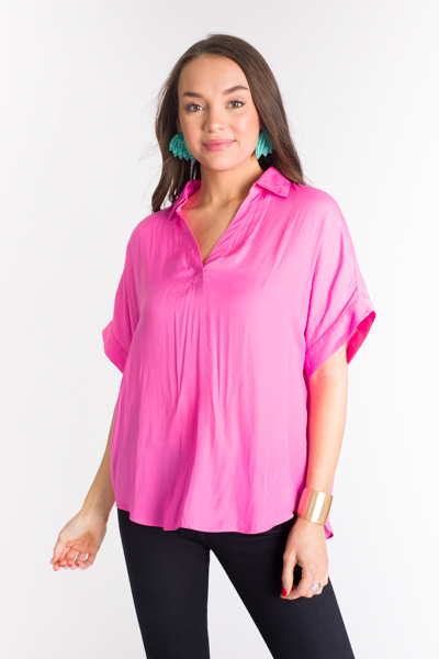 Collared V-Neck Blouse, Candy Pink
