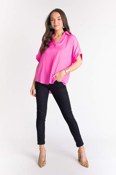 Collared V-Neck Blouse, Candy Pink