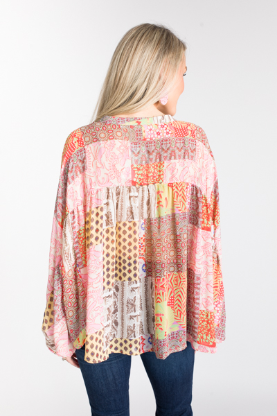 Button Paisley Mix Top, Pink