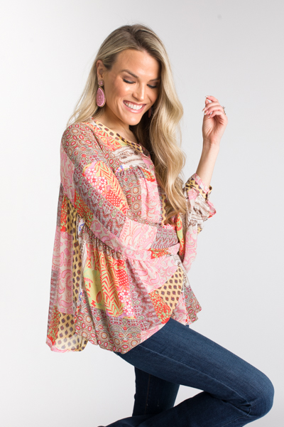 Button Paisley Mix Top, Pink