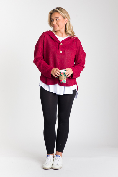 Hooded Button Pullover, Cherry