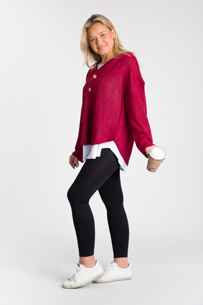 Hooded Button Pullover, Cherry