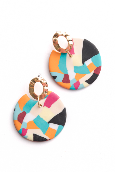Color Print Disk Earrings, Multi