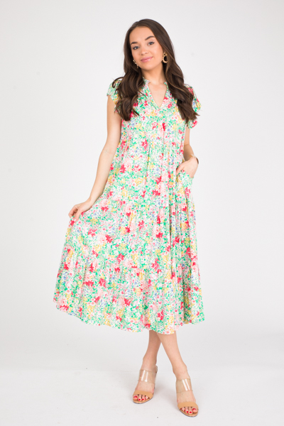 Pintuck Floral Maxi, Green