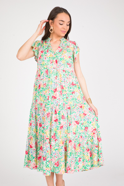 Pintuck Floral Maxi, Green