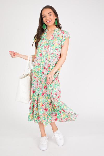 Pintuck Floral Maxi, Green