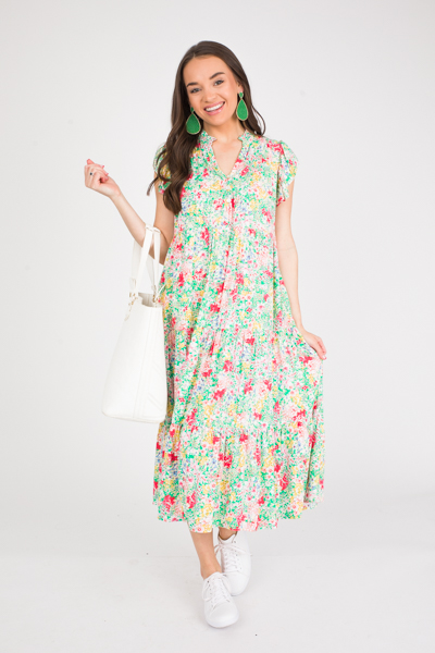 Pintuck Floral Maxi, Green