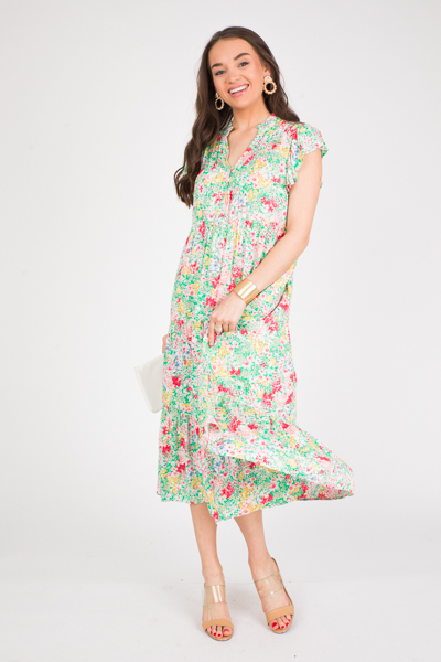 Pintuck Floral Maxi, Green