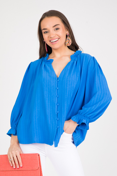 Covered Buttons Blouse, Cobalt