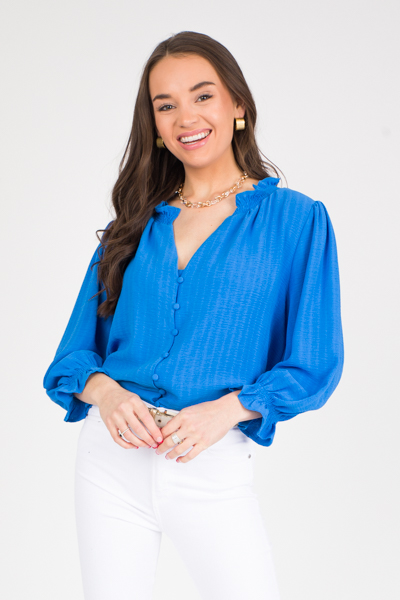 Covered Buttons Blouse, Cobalt