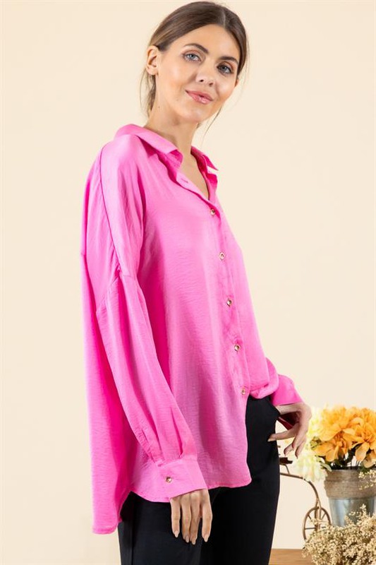 Drop Shoulder Button Up, Hot Pink