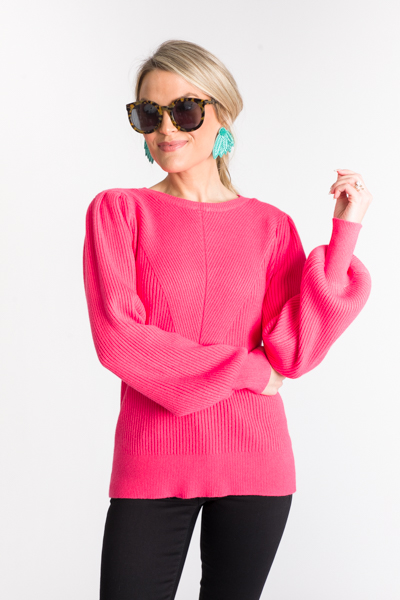 Ribbed Balloon Sweater, Pink Berry