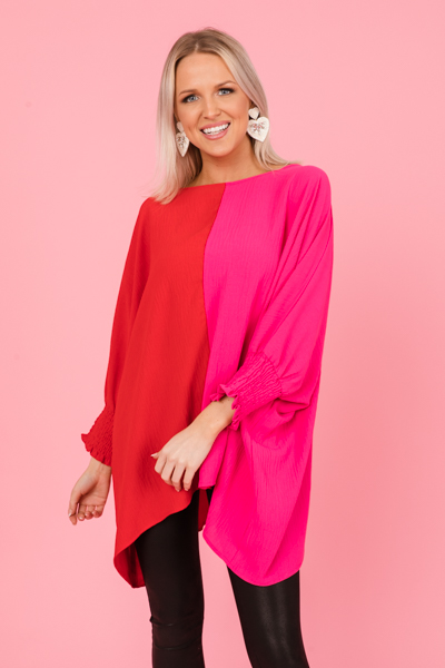 Oversized 2-Tone Blouse, Red Pink