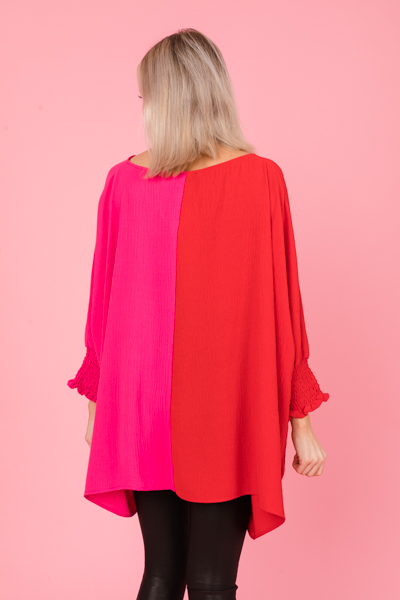 Oversized 2-Tone Blouse, Red Pink