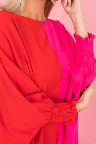 Oversized 2-Tone Blouse, Red Pink