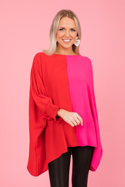 Oversized 2-Tone Blouse, Red Pink