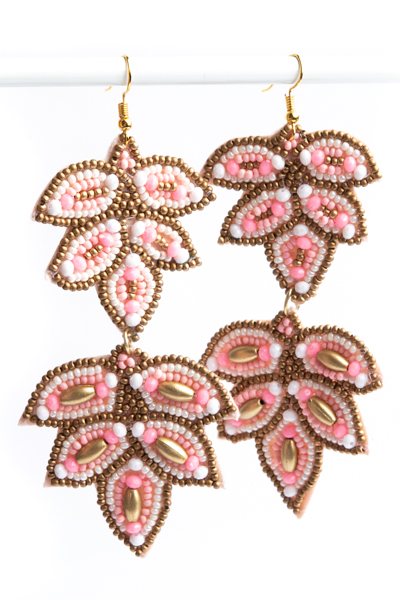Beaded Leaf Earrings, Pink