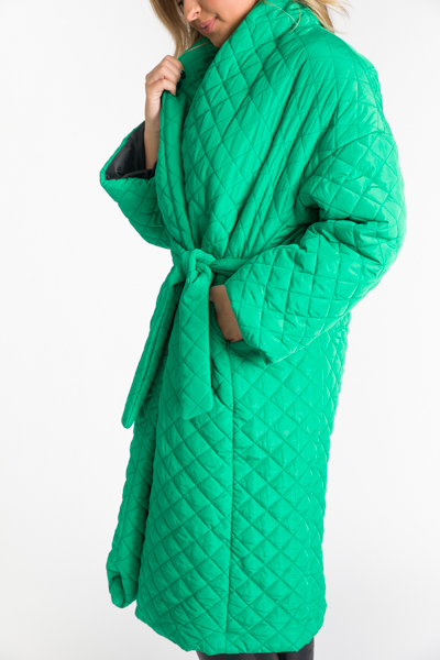 Quilted Long Belted Coat, Green