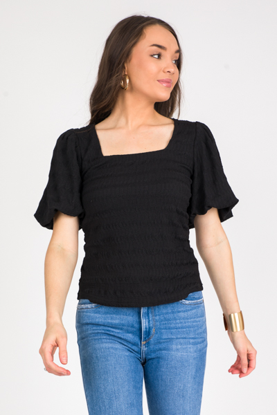 Textured Square Neck Top, Black