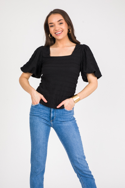 Textured Square Neck Top, Black