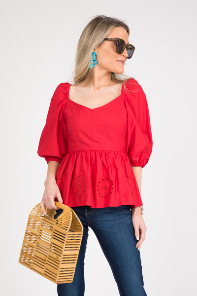 Eyelet Peplum Top, Fiery Red