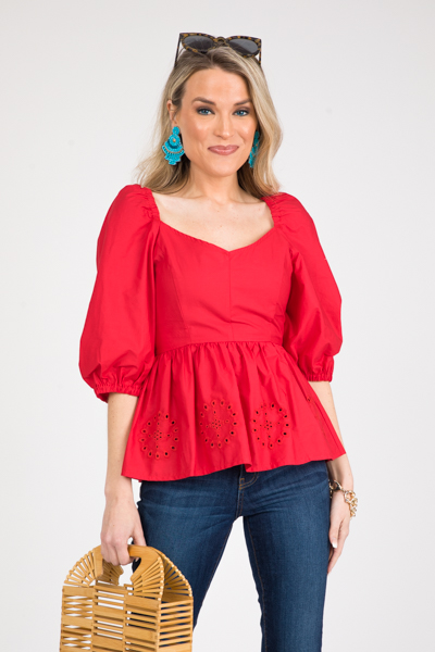 Eyelet Peplum Top, Fiery Red