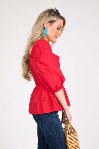 Eyelet Peplum Top, Fiery Red