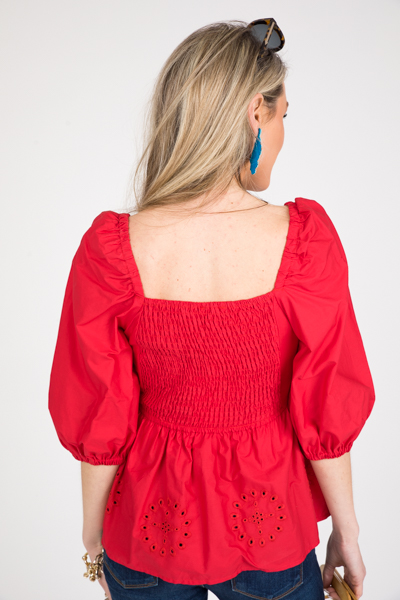 Eyelet Peplum Top, Fiery Red