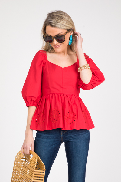 Eyelet Peplum Top, Fiery Red