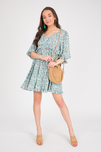 Double V Ditsy Dress, Grass