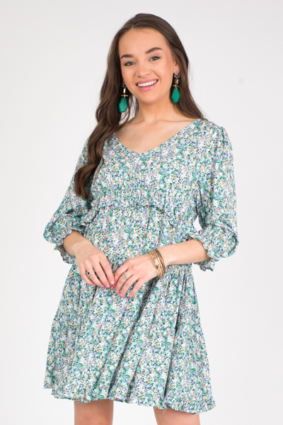 Double V Ditsy Dress, Grass