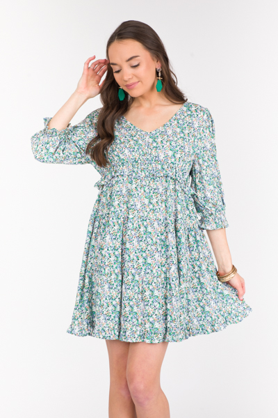 Double V Ditsy Dress, Grass