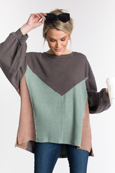 Colorblock Rib Knit Top, Grey/Mint