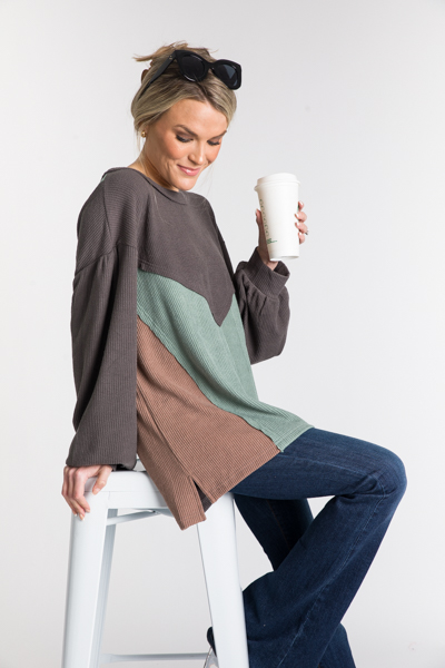 Colorblock Rib Knit Top, Grey/Mint