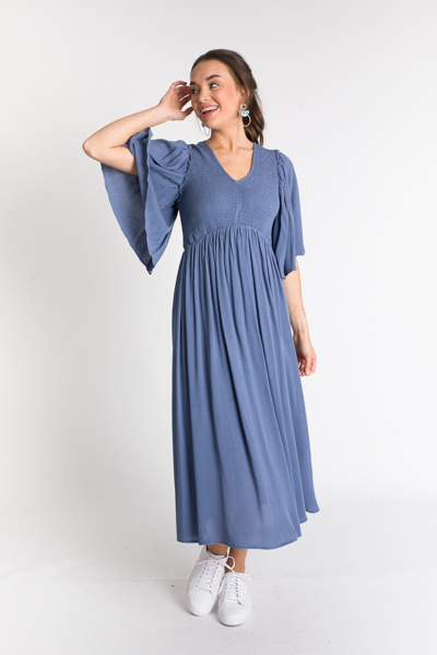 Smock Bodice V Midi, Dusty Blue