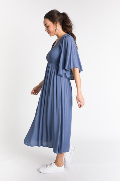 Smock Bodice V Midi, Dusty Blue