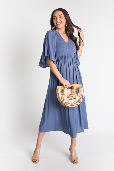 Smock Bodice V Midi, Dusty Blue